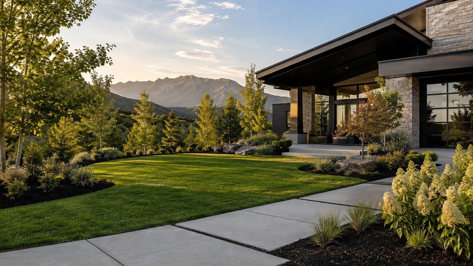 Irrigated lawn and planting beds at a Northern Utah residence